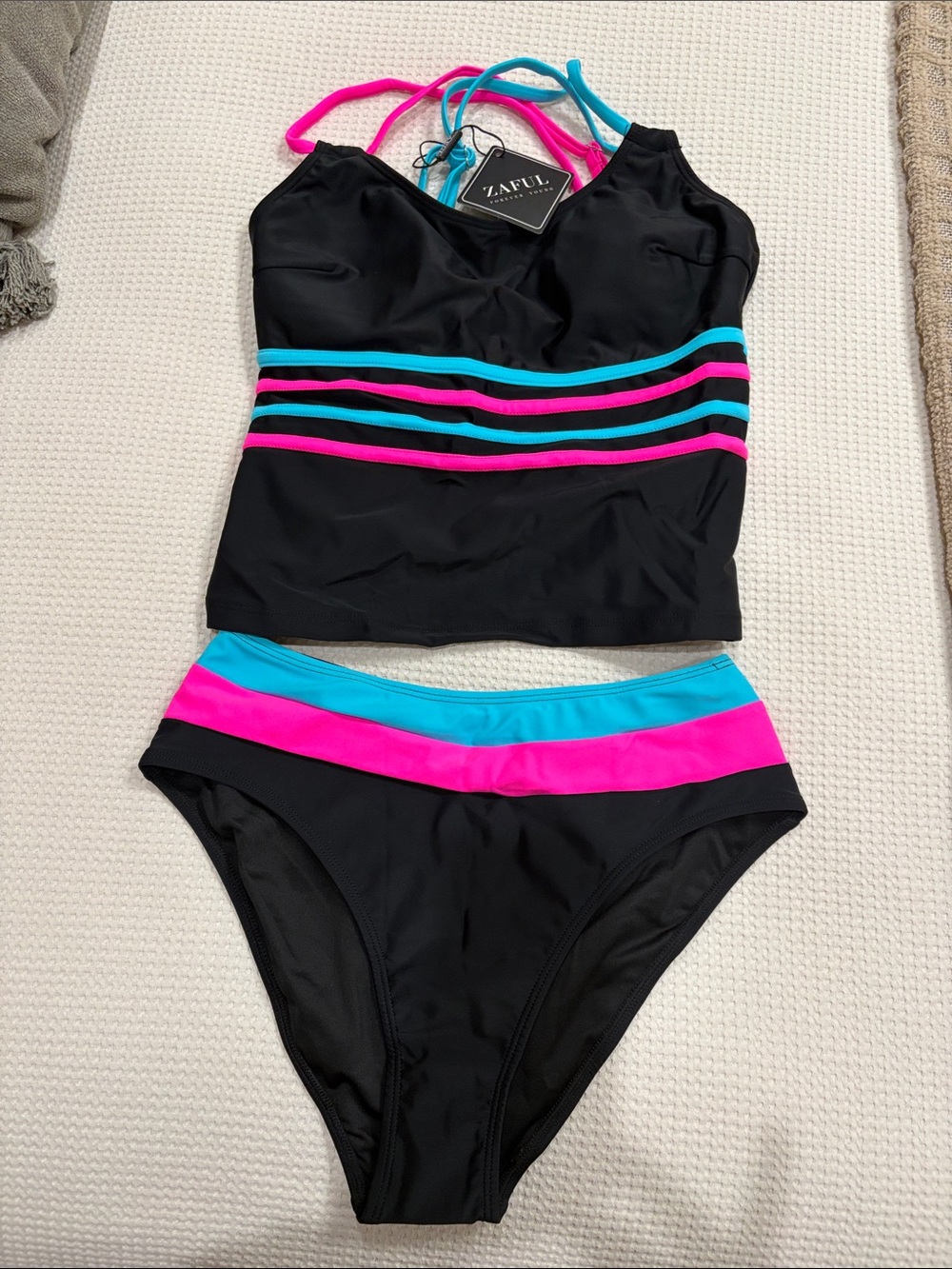 NWT Zaful Black Tankini with Hot Pink & Turquoise Stripe Size Small